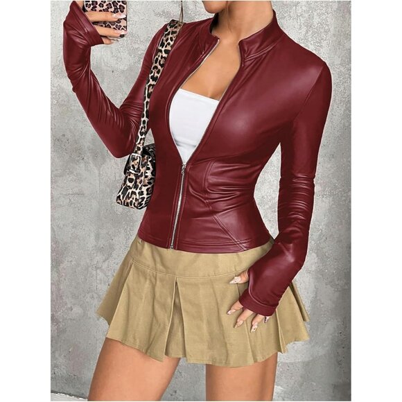 Women Faux Leather Jacket Thin Fleece Mock Neck Zip Up Long Sleeve Winter Red - Picture 2 of 5